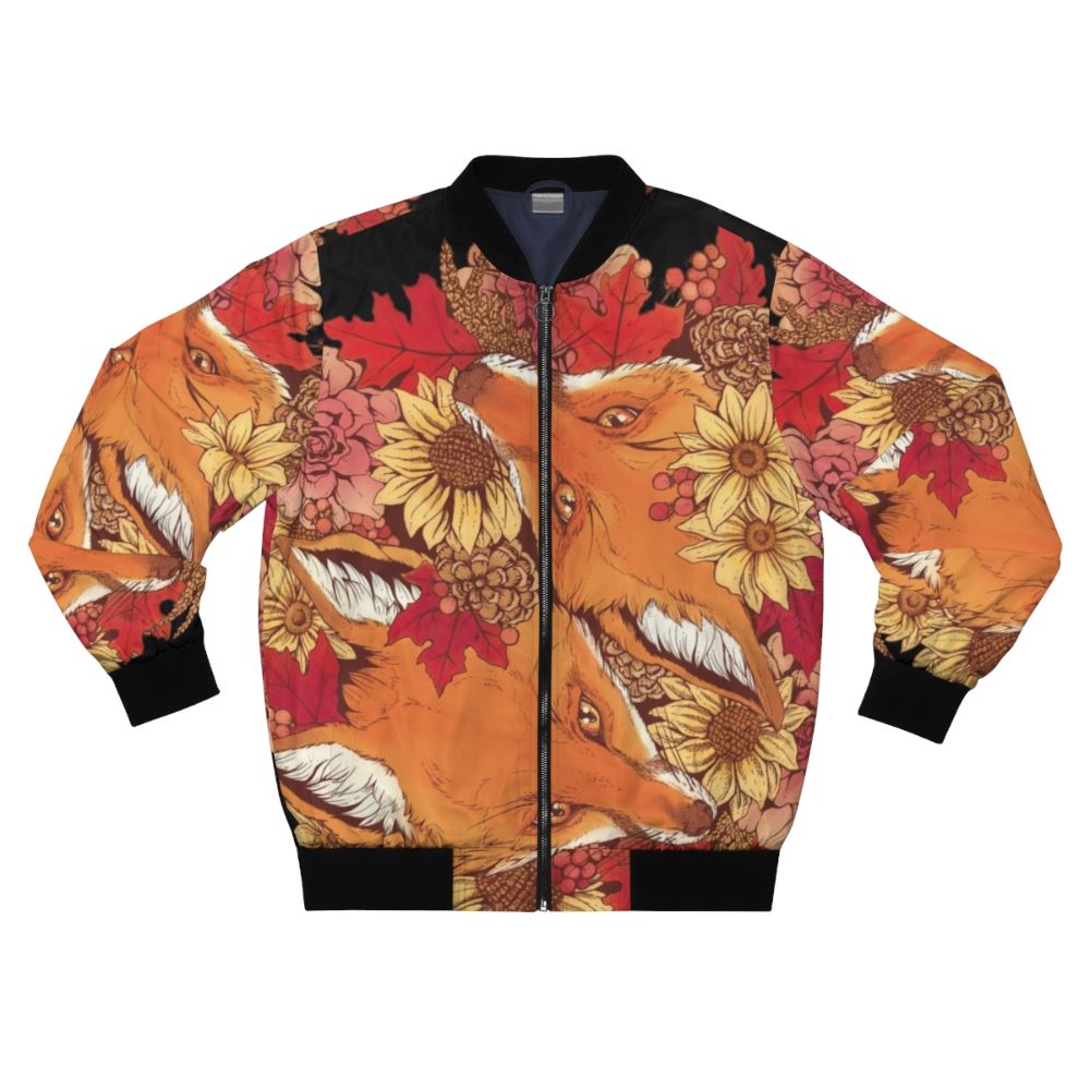 Autumn Fox Bloom Bomber Jacket with sunflowers and pinecones