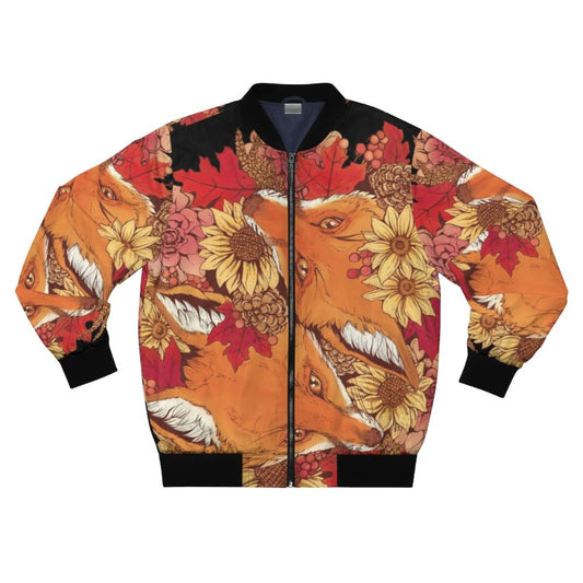 Autumn Fox Bloom Bomber Jacket with sunflowers and pinecones