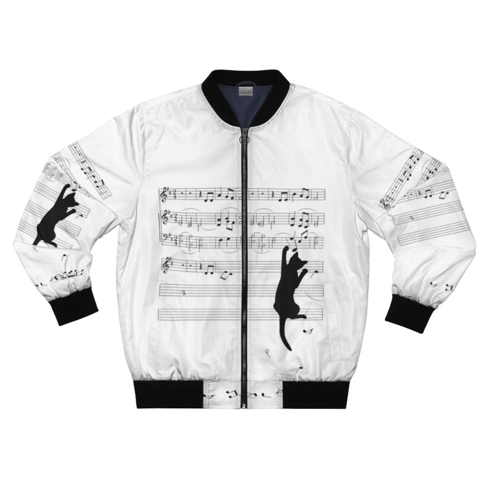 A black and white bomber jacket with a surreal design of a cat playing with sheet music and musical notes, showcasing a mischievous and playful nature.