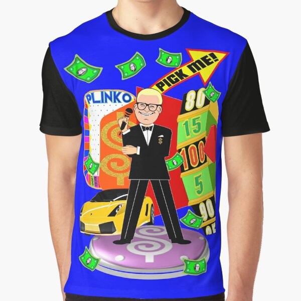 "The Price Is Right" game show graphic t-shirt featuring classic elements like the big wheel, showcases, and contestant row