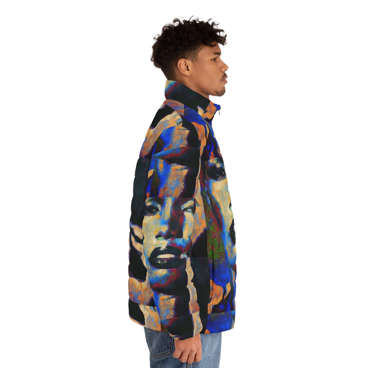 Grace Jones inspired puffer jacket with urban street art design - men side right