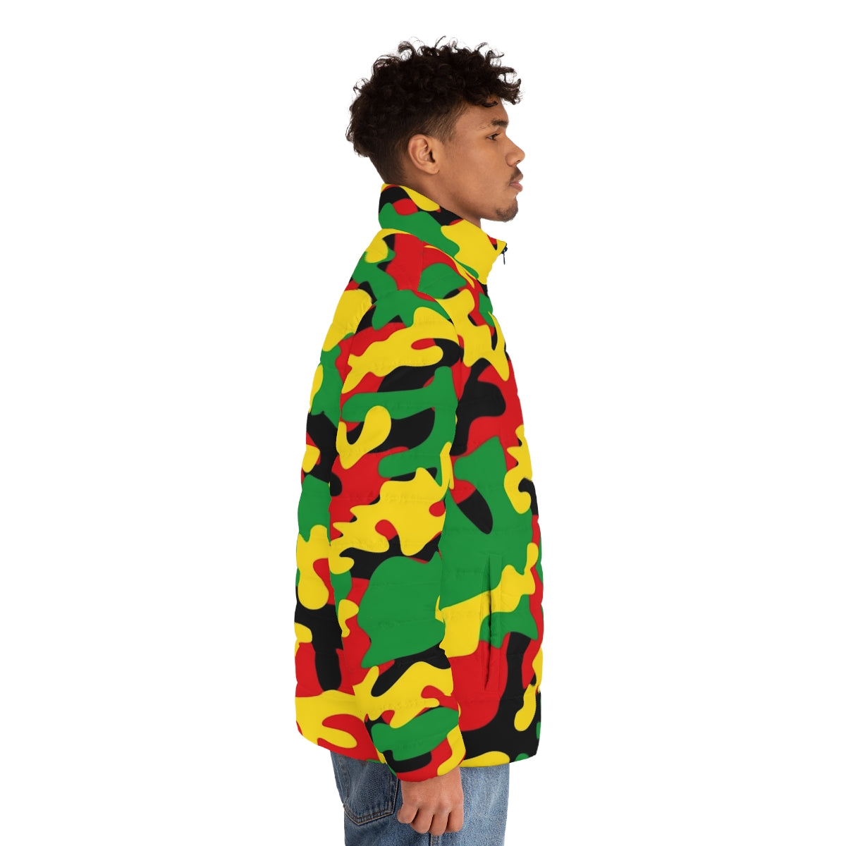 Reggae camouflage puffer jacket with red, yellow, green, and black colors - men side right