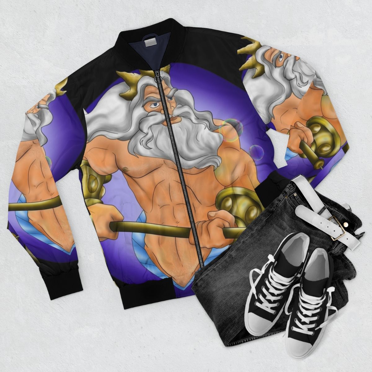 Merman King Triton Bomber Jacket with detailed oceanic and mythical design - Flat lay