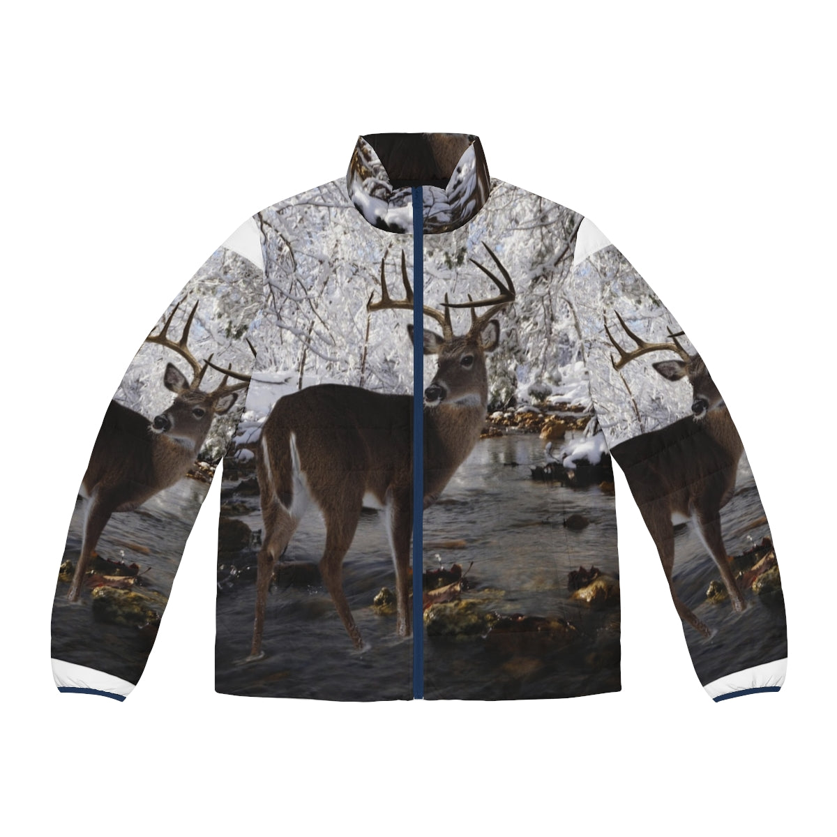 A warm and stylish puffer jacket with a whitetail deer design, perfect for cold weather outdoor activities.