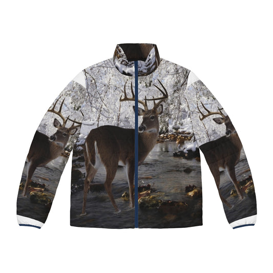 A warm and stylish puffer jacket with a whitetail deer design, perfect for cold weather outdoor activities.