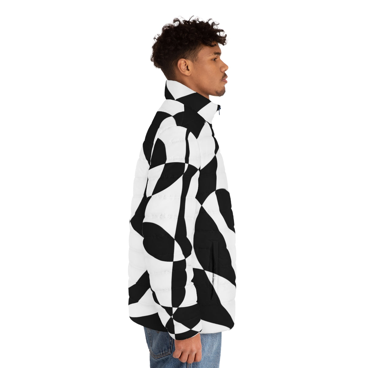 Vintage 1960s puffer jacket with abstract black and white geometric pattern - men side right