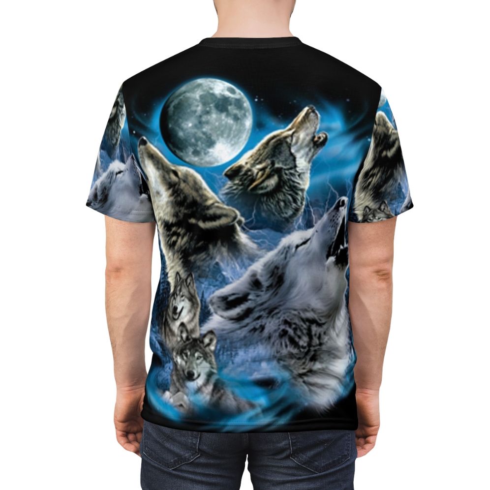 A bold t-shirt design featuring a pack of howling wolves under a full moon, capturing the wild spirit of nature. - men back