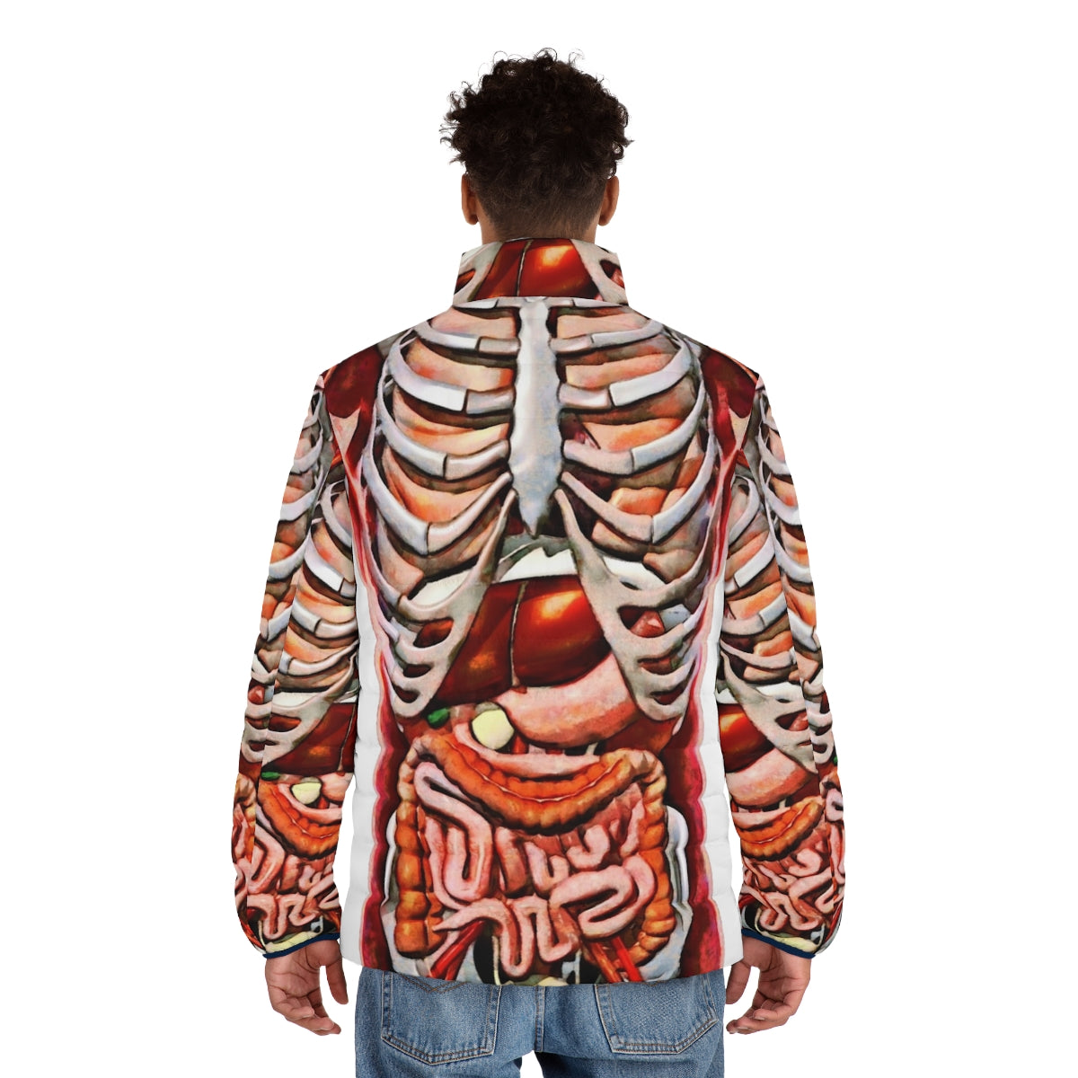 Puffer jacket with detailed print of human internal organs and skeleton anatomy - men back