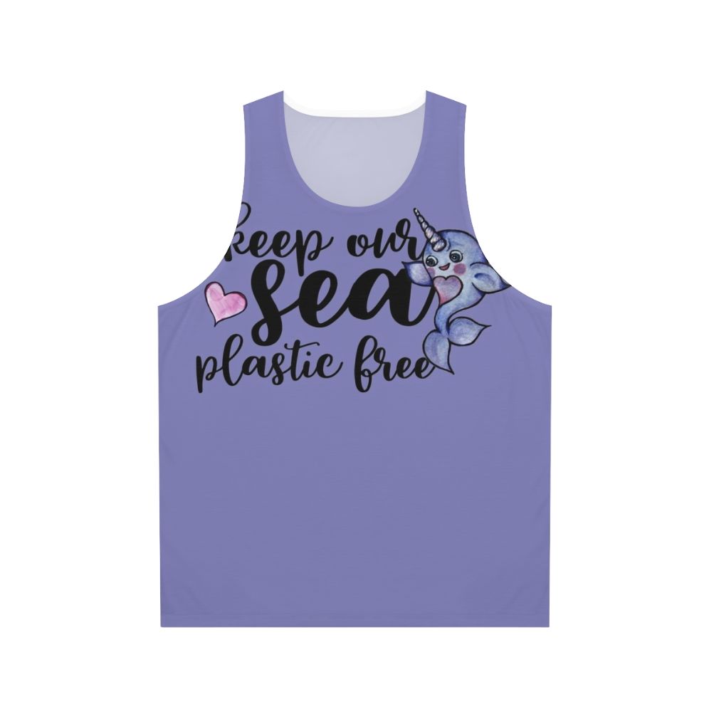 Unisex tank top with a narwhal design promoting ocean conservation and plastic-free initiatives