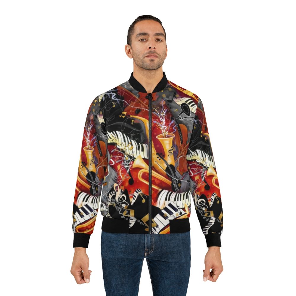 A vibrant bomber jacket featuring a collage of musical instruments like guitars, saxophones, trumpets, violins, and pianos. - Lifestyle