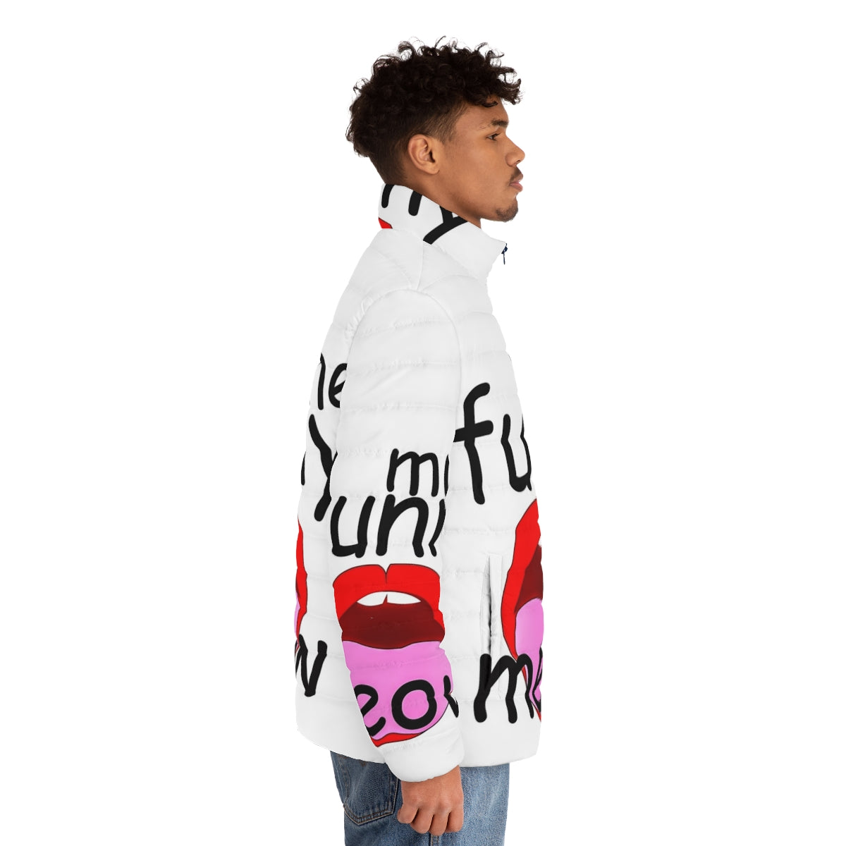 Puffer jacket with a humorous graphic design, perfect for music, movie, sports, gaming, anime, and pet lovers - men side right