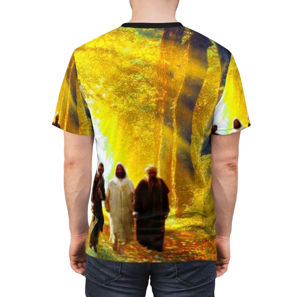 Inspirational Road to Emmaus Easter Christian T-Shirt design featuring a biblical scene with Jesus and disciples on the road to Emmaus. - men back