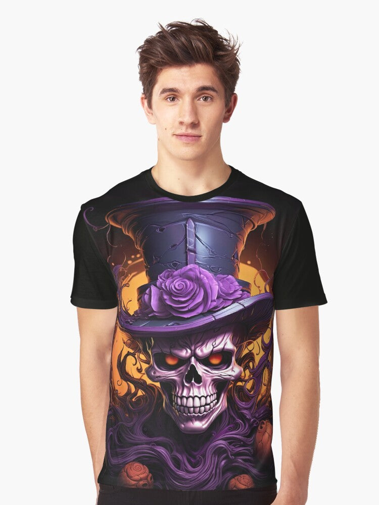 Punk skull with top hat in orange, purple, and black - a scary and spooky graphic t-shirt - Men