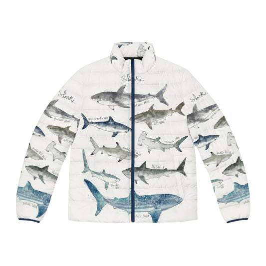 Stylish puffer jacket featuring various shark species, including great white, mako, bull, hammerhead, blacktip reef, tiger, thresher, and whale sharks