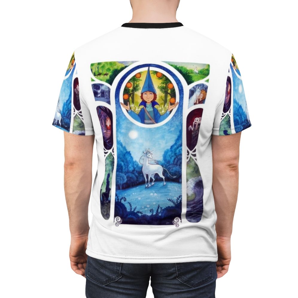 Vibrant t-shirt design featuring a magical unicorn in an art nouveau, 80s-inspired stained glass and watercolor style - men back