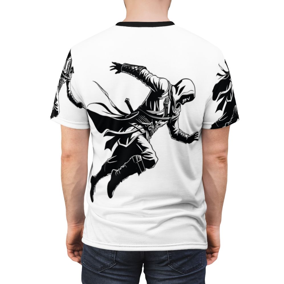 Assassins Creed inspired silhouette design on a high-quality t-shirt for gaming enthusiasts. - men back