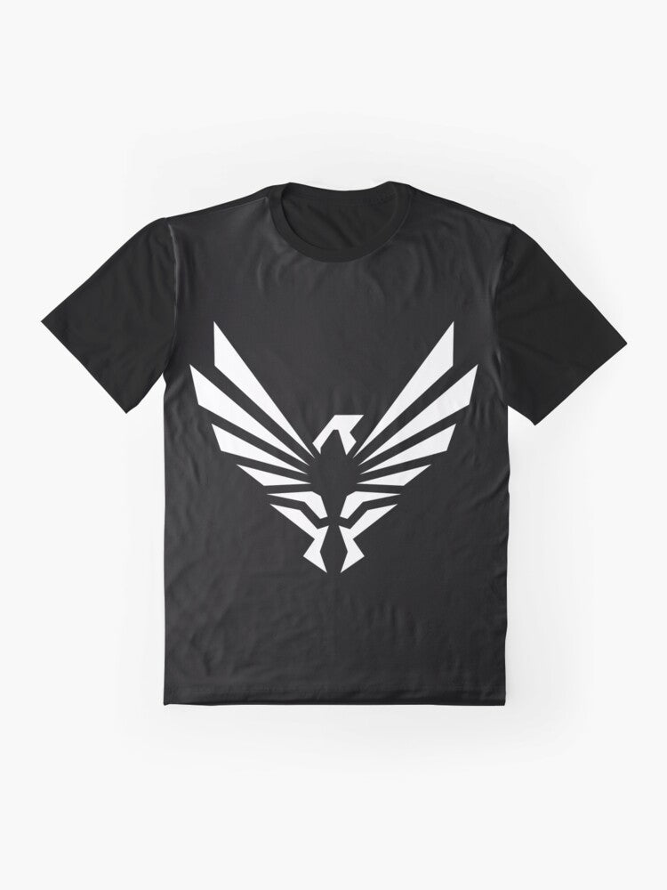 Falcon aviation graphic design printed on a black t-shirt - Flat lay