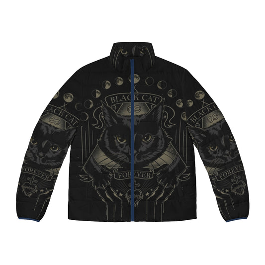 Black cat puffer jacket with occult and lunar motifs