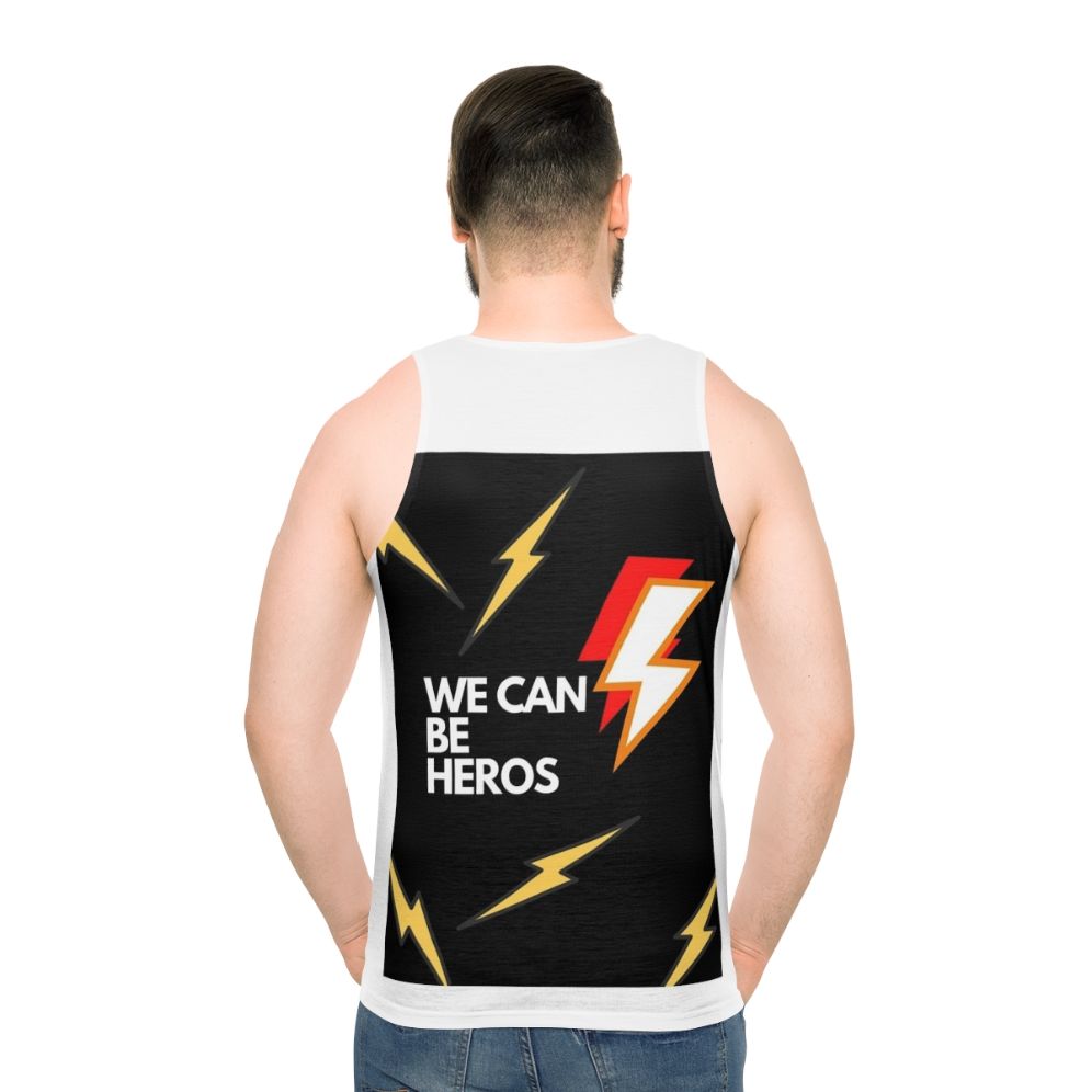 "We Can Be Heros Unisex Black Lightning Tank Top" - men back