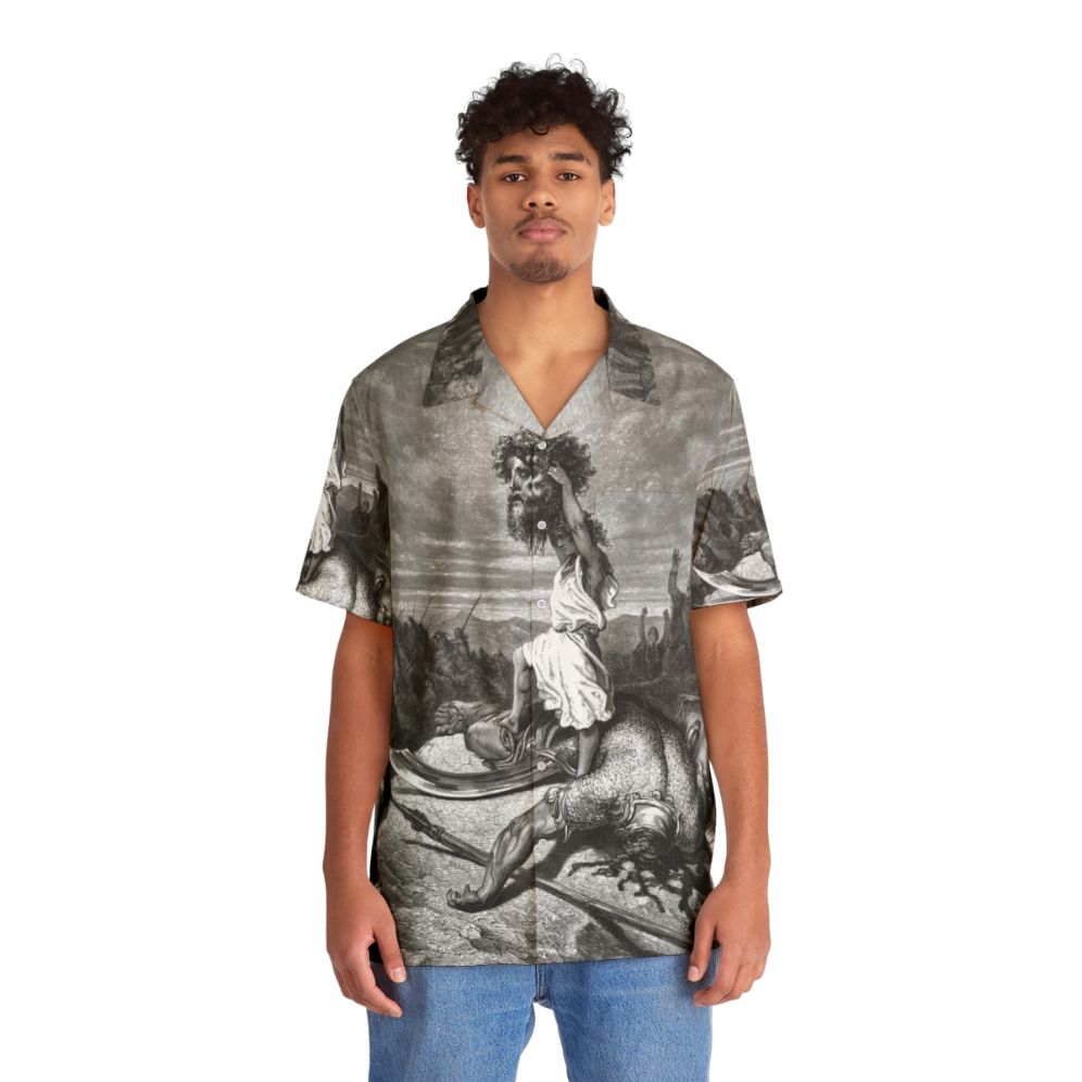 Davide E Golia Hawaiian Shirt featuring biblical David and Goliath design - People Front