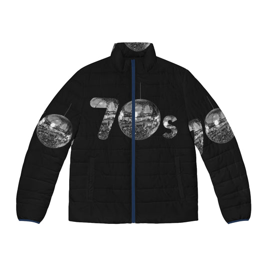 Silver puffer jacket with disco ball graphic, perfect for 70s themed events