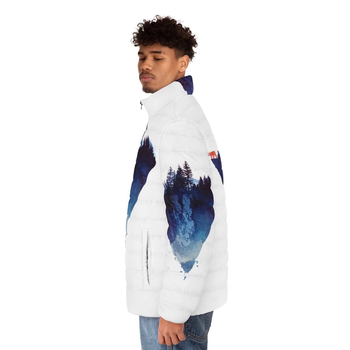 Watercolor-inspired puffer jacket featuring a fox design in a forest setting - men side left