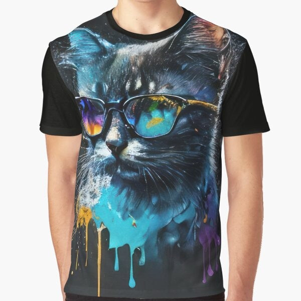 A vibrant, multicolored drip art design featuring a cool cat wearing sunglasses on a graphic t-shirt.