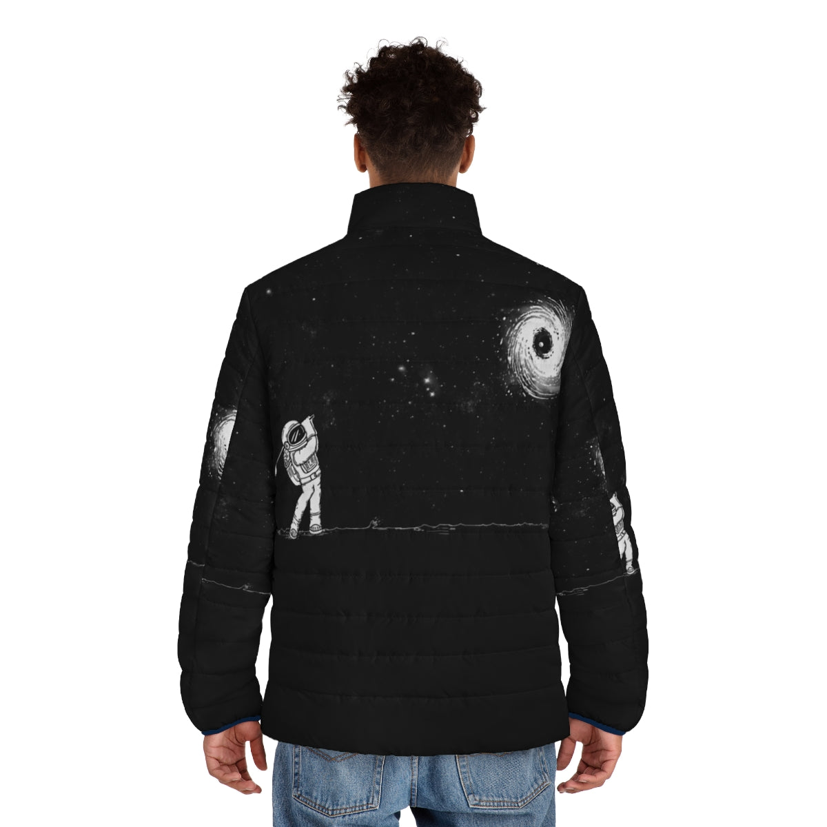 Astronaut wearing the Black Hole in One Puffer Jacket in outer space - men back