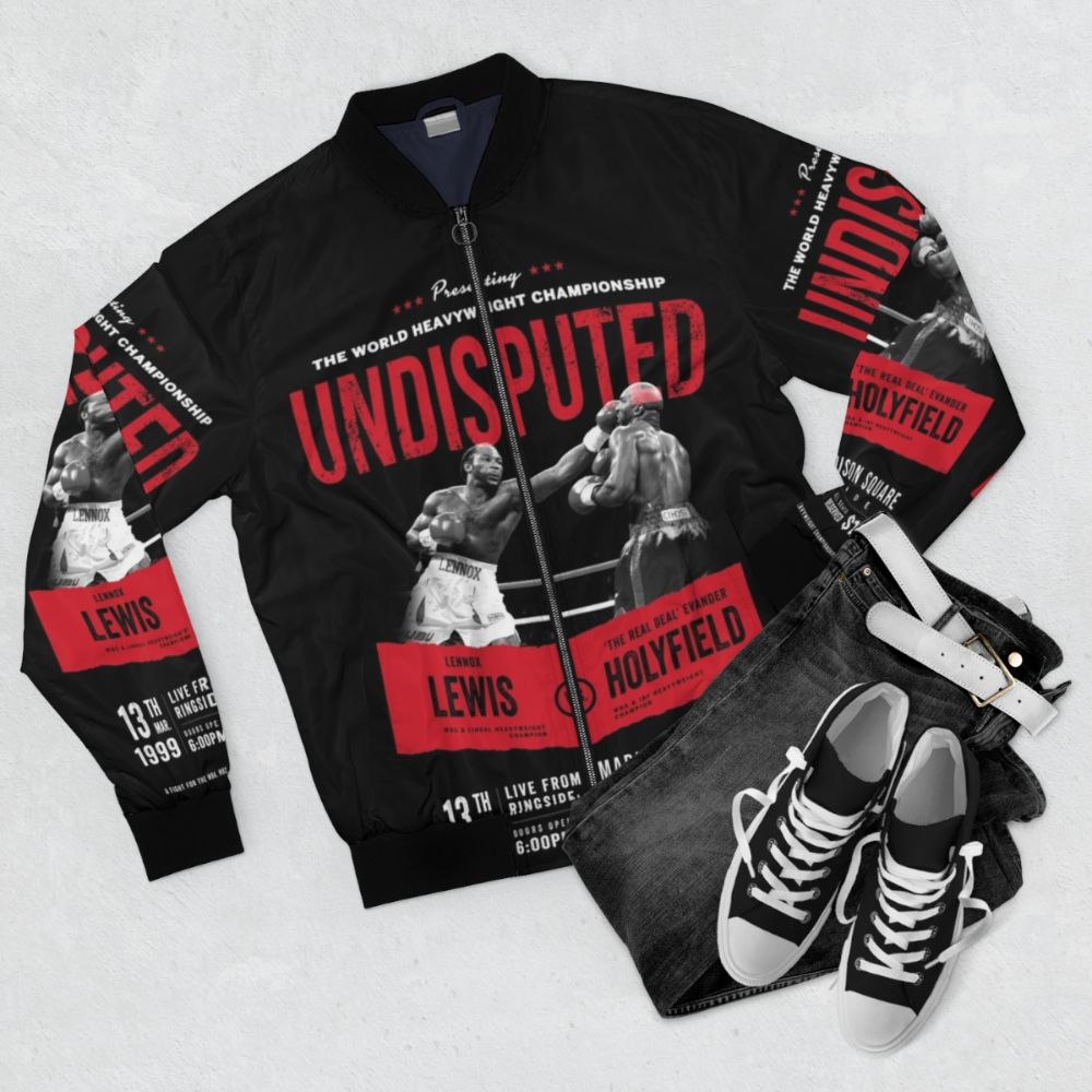 Lennox Lewis vs Evander Holyfield - Undisputed Heavyweight Boxing Champions T-shirt Bomber Jacket - Flat lay