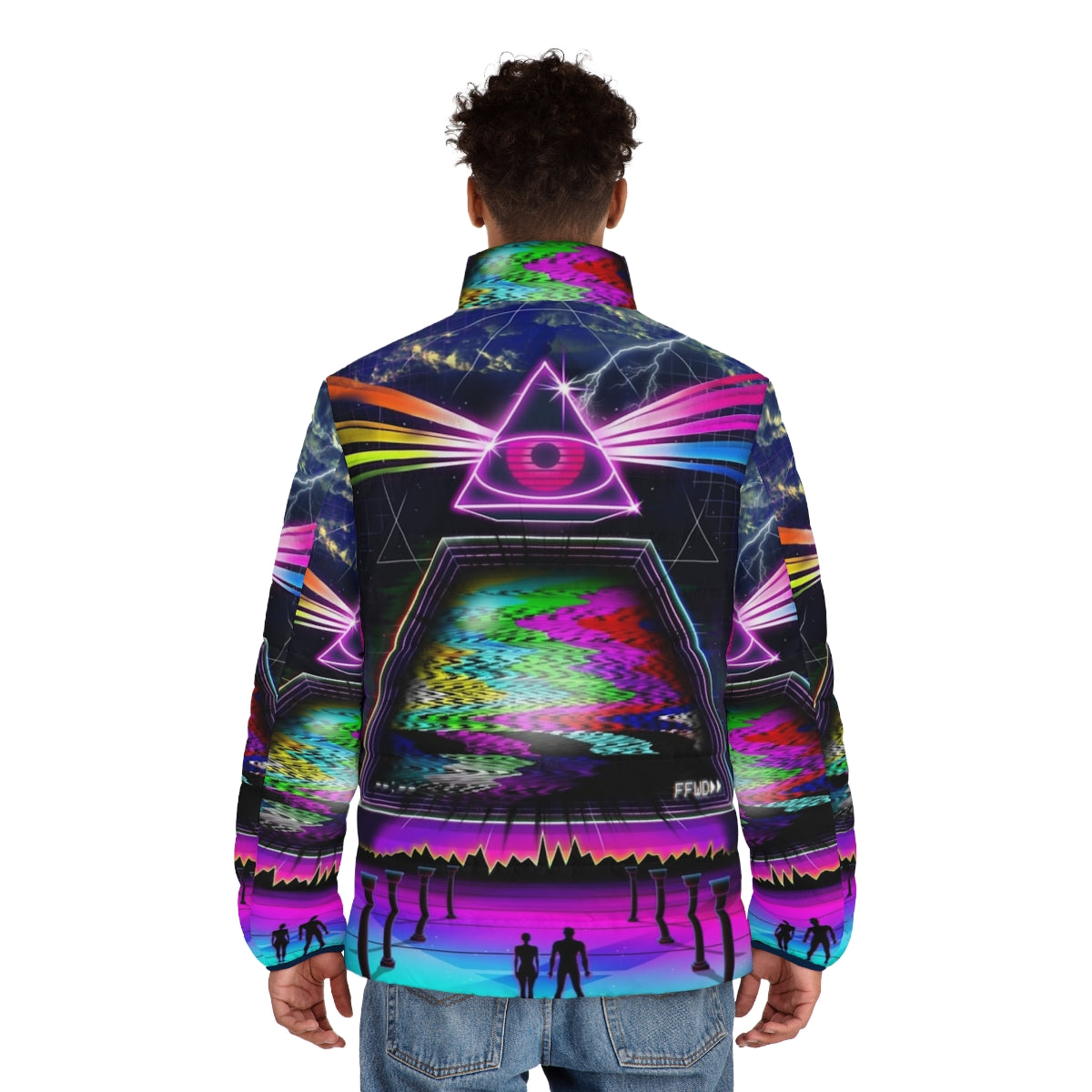 Retro 80s style puffer jacket with glitch and VHS aesthetic - men back