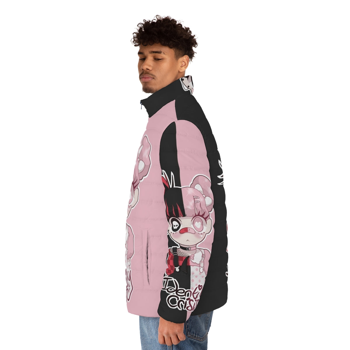 Anime inspired puffer jacket with kawaii, yami kawaii, and yume kawaii design elements - men side left