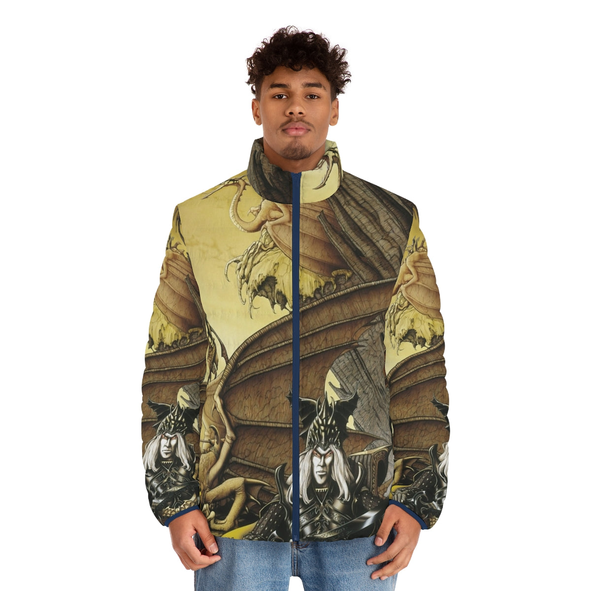 The Dragon Lord Puffer Jacket featuring fantasy art with a dragon, warrior, and sword and sorcery elements - men front