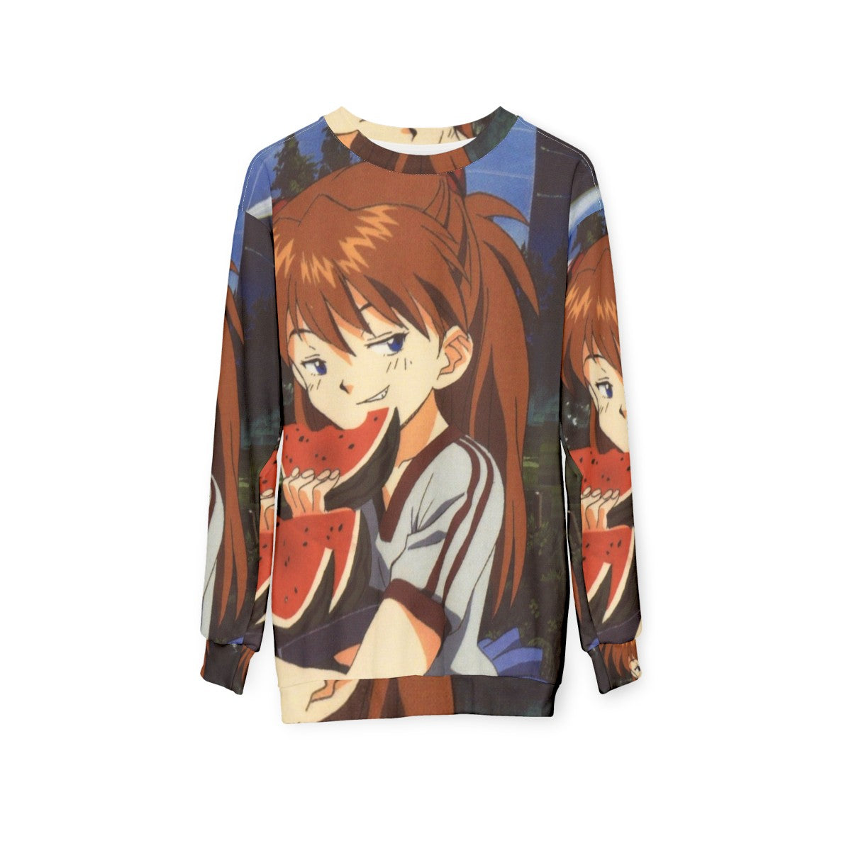 Smug anime sweatshirt with Evangelion inspired watermelon design - hanging