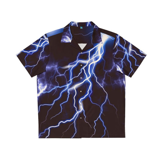 Blue thunder and colorful lightning graphic design on a Hawaiian shirt