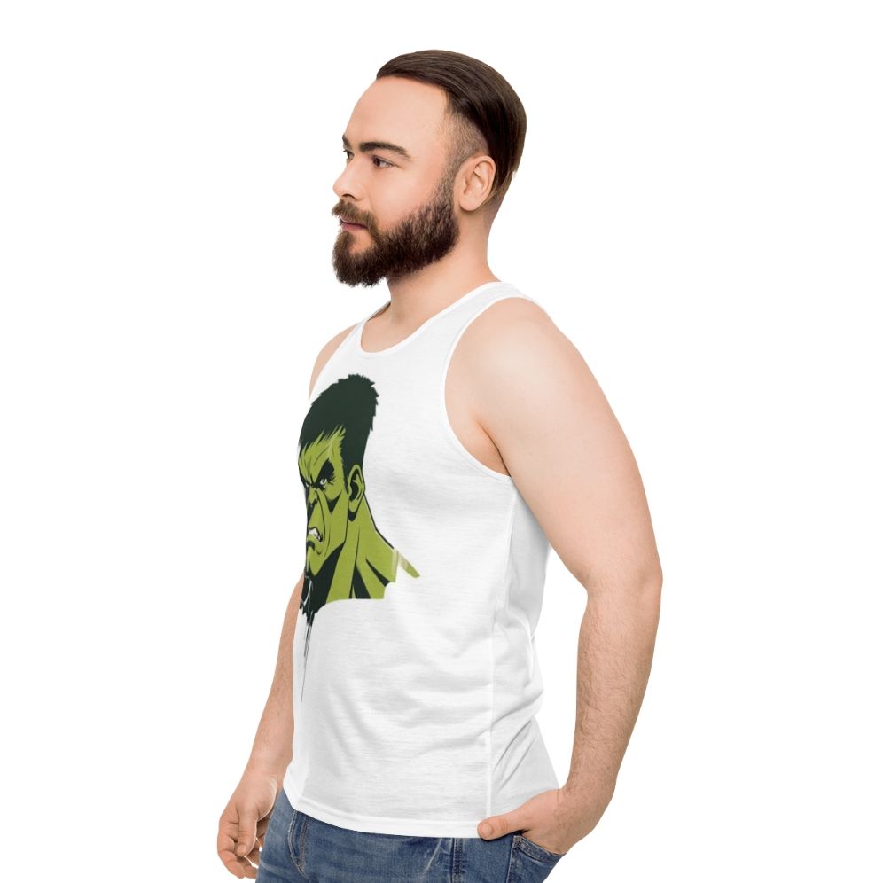 Marvel superhero unisex tank top with Hulk, Avengers, and Endgame graphics - men side