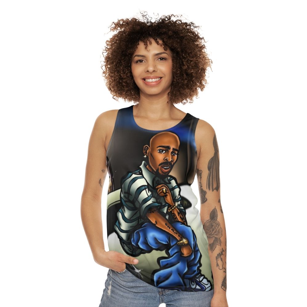 Unisex graphic tank top with airbrush anime-inspired caricatures - women