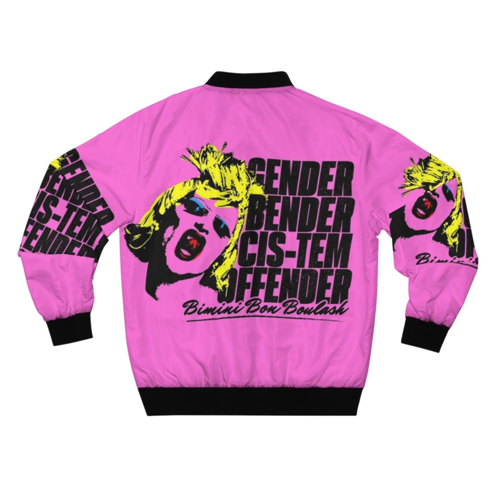 Colorful bomber jacket with "CIS-TEM OFFENDER" pop art design, featuring Bimini Bon Boulash from RuPaul's Drag Race UK - Back