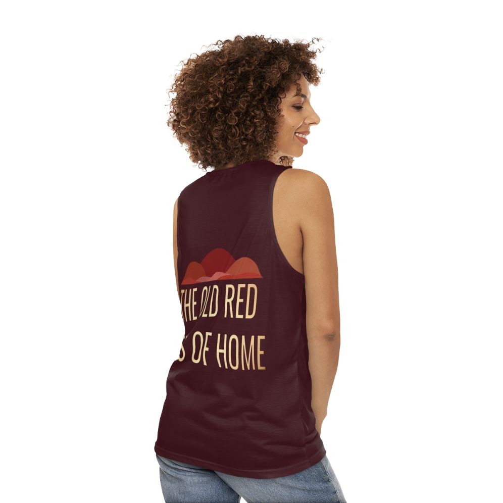 Unisex musical theater tank top with The Old Red Hills Of Home Parade design - women back