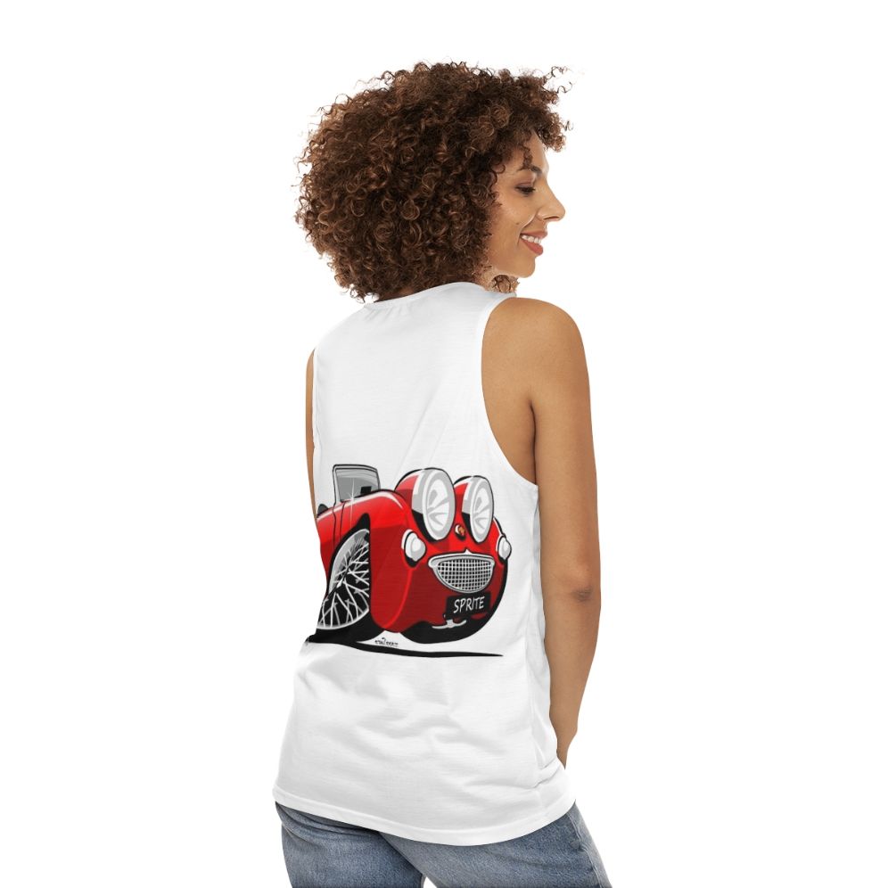 Austin Healey Sprite sports car graphic unisex tank top - women back