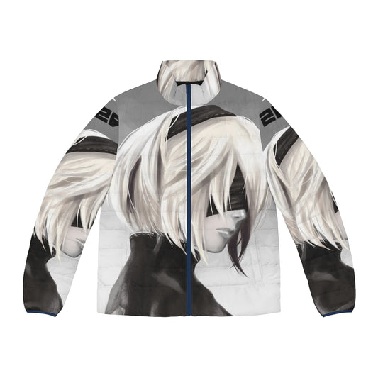 Nier Automata 2B Puffer Jacket - Cosplay Inspired Fanart Illustration with 2B, unicorn, and digital art elements