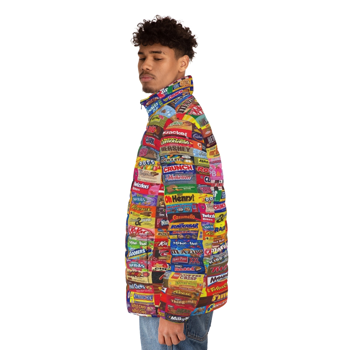 Colorful candy wrapper puffer jacket with a vibrant and unique design - men side left