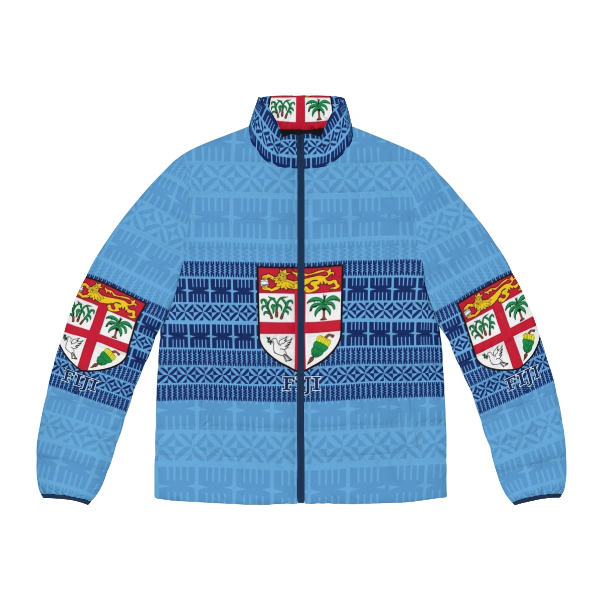 Blue puffer jacket featuring Fijian masi tapa design and Fiji flag