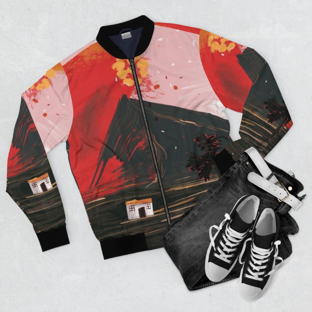 Bomber jacket featuring an abstract design inspired by the La Palma volcano eruption. - Flat lay