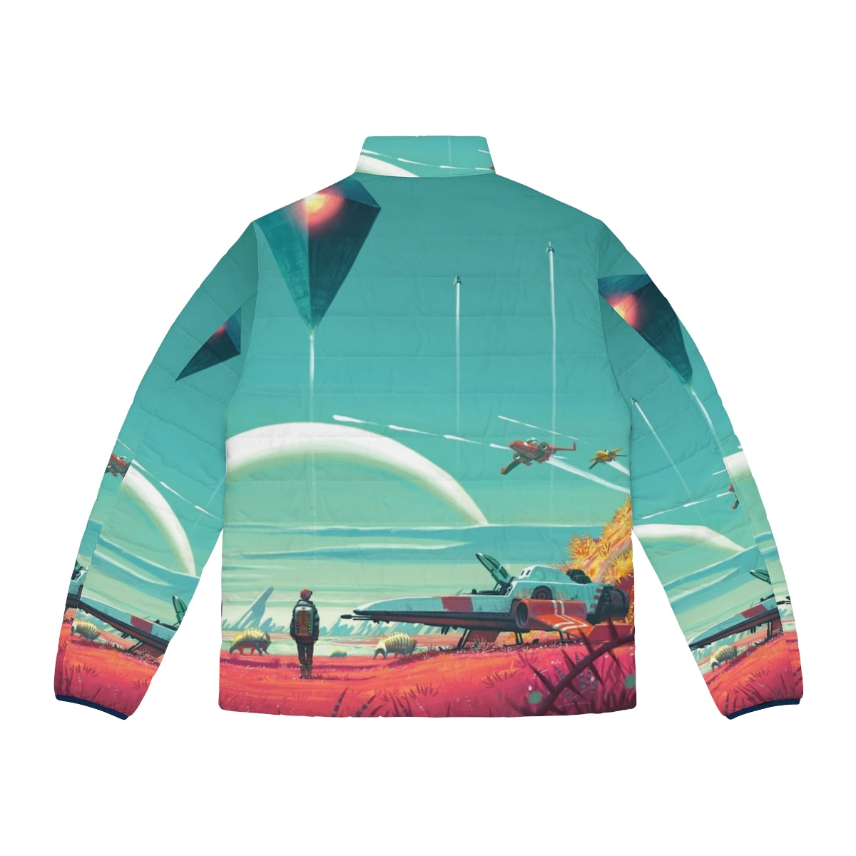 No Man's Sky Horizon Puffer Jacket featuring a spaceship design - Back