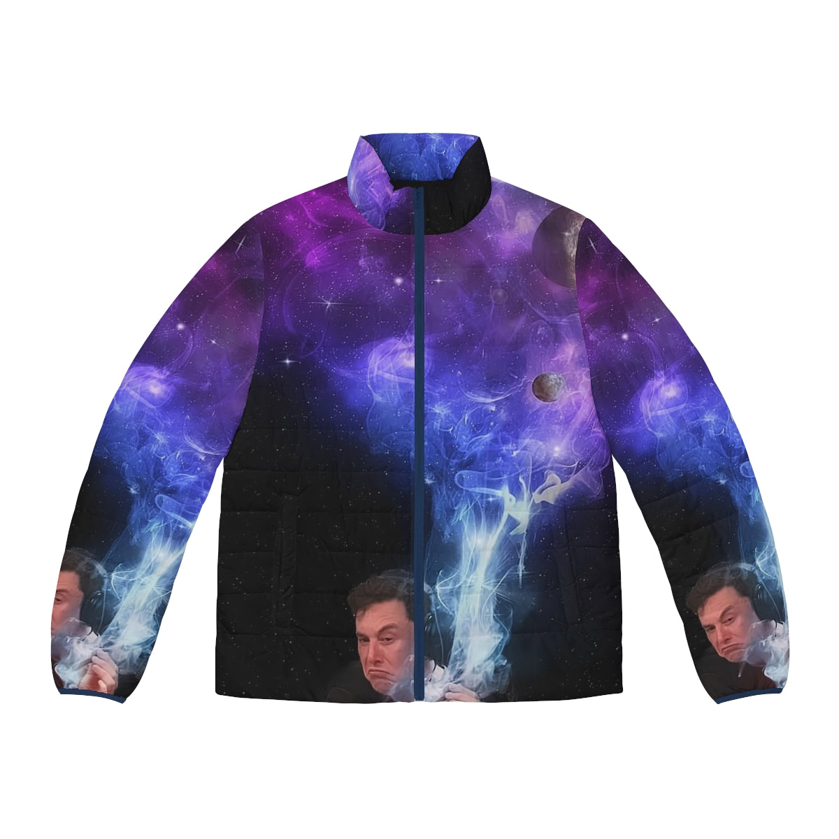 Elon Musk Puffer Jacket with a cosmic, space-themed design featuring smoking and the universe