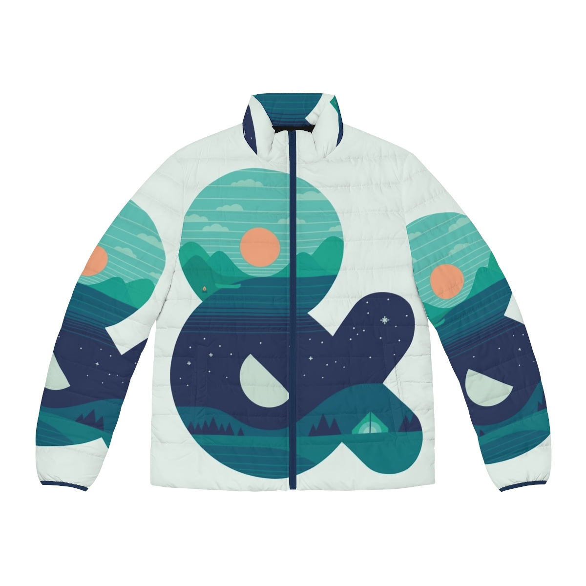 Day Night Puffer Jacket featuring minimalist graphic design by The Paper Crane