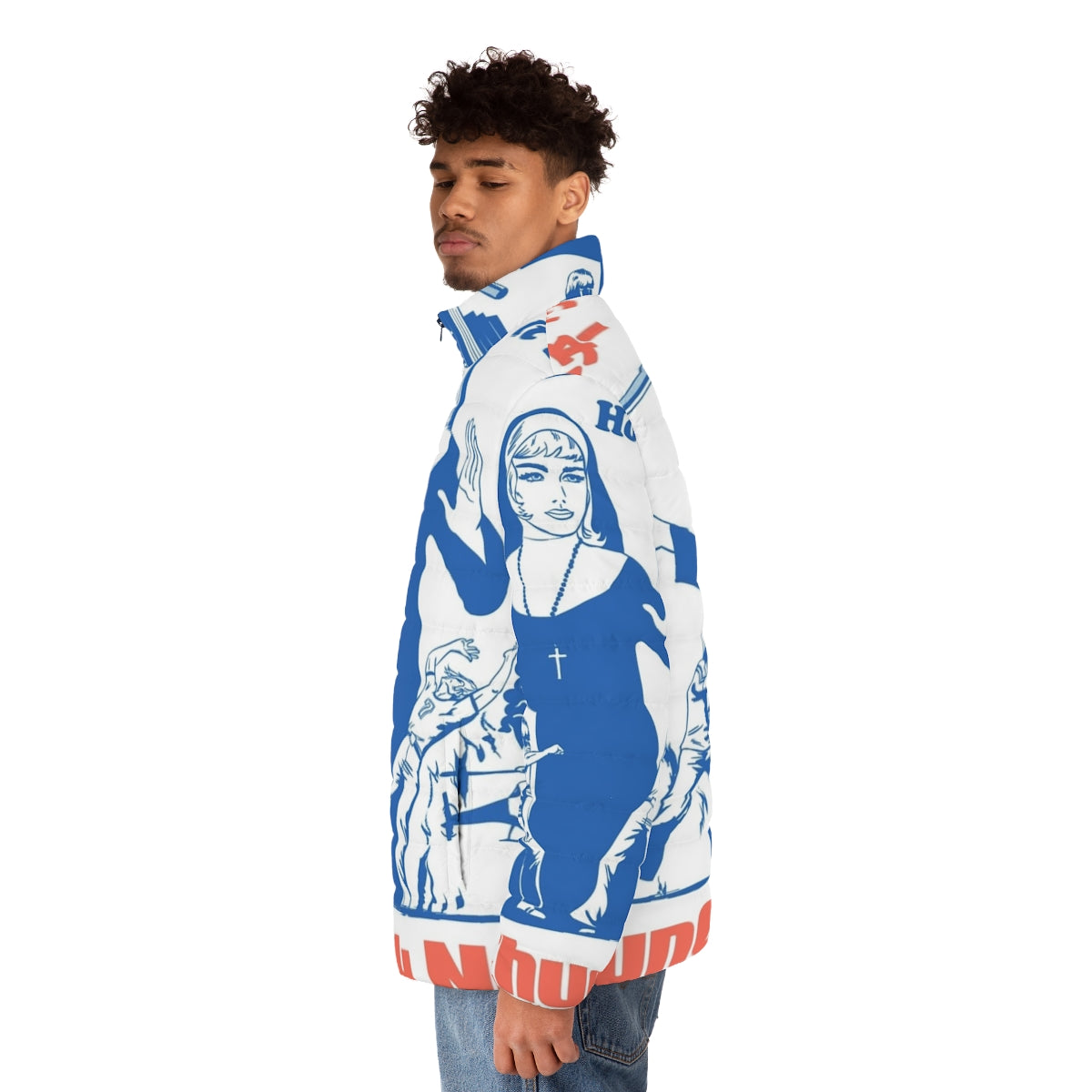 Geeky nunchuck nun puffer jacket with retro 70s 80s kung fu parody design - men side left