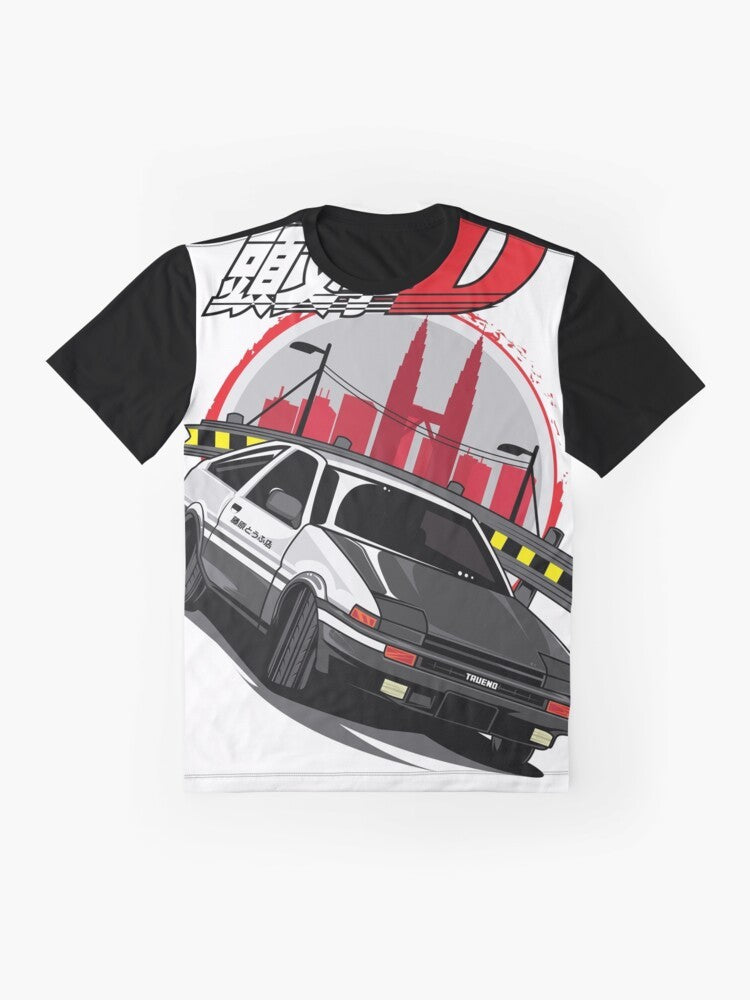 Initial D AE86 Graphic T-Shirt featuring the iconic Toyota Corolla Levin AE86 from the legendary anime series. - Flat lay