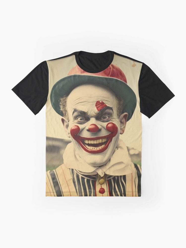 Vintage-style graphic t-shirt with a creepy, scary clown design - Flat lay