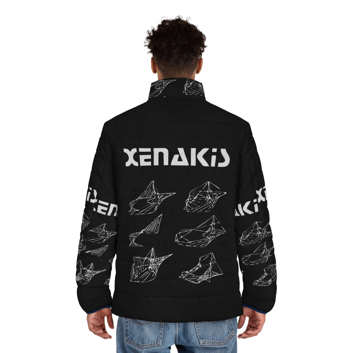 Iannis Xenakis inspired puffer jacket with cosmic line art design - men back